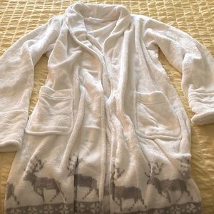 Pottery barn ivory robe with grey reindeer and Christmas tree decals